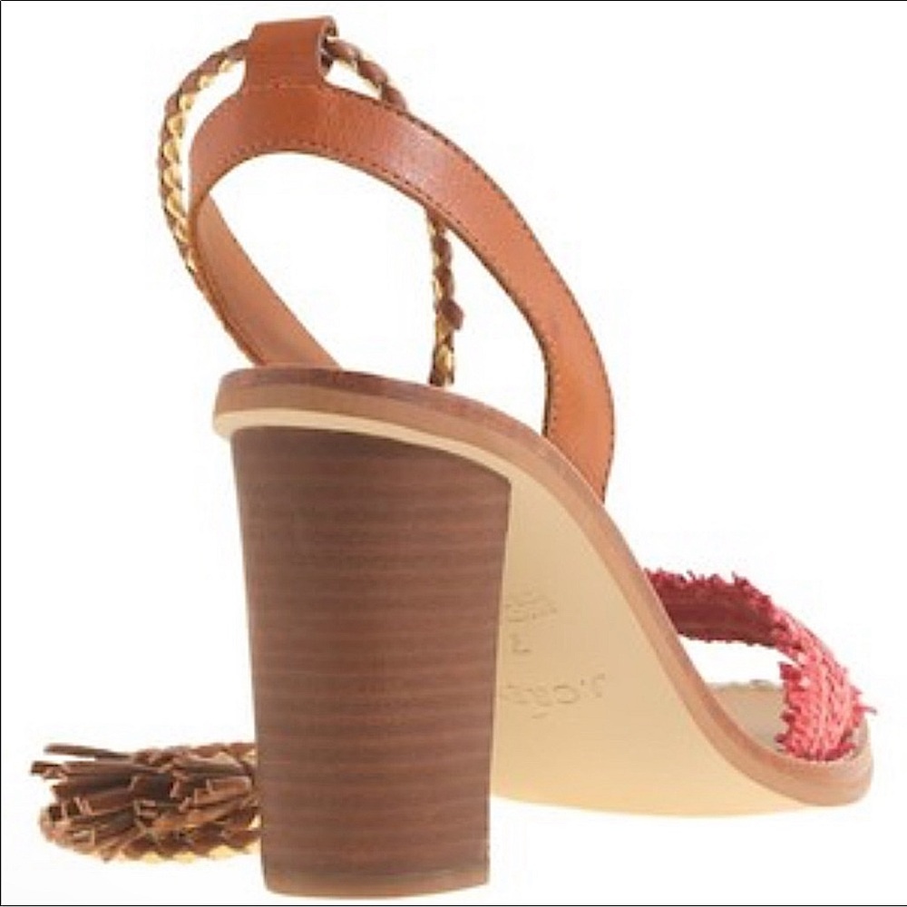 J. Crew Raffia Ankle Tie Block Heel Sandal Size 7 Tan/Pink/Gold - Picture 2 of 15